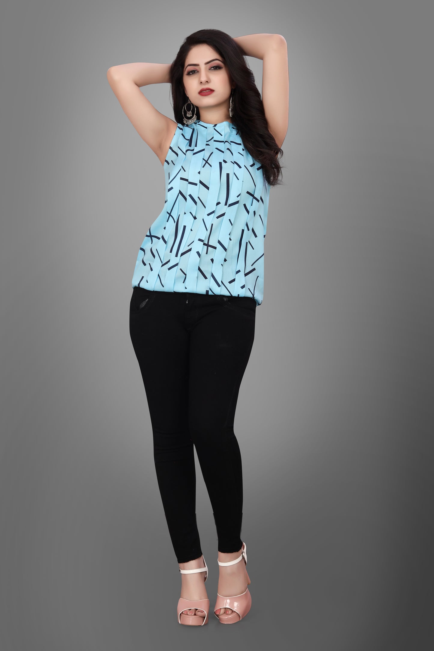 SUR-T Casual Sleeveless Crossover Printed Women SKY Blue Top