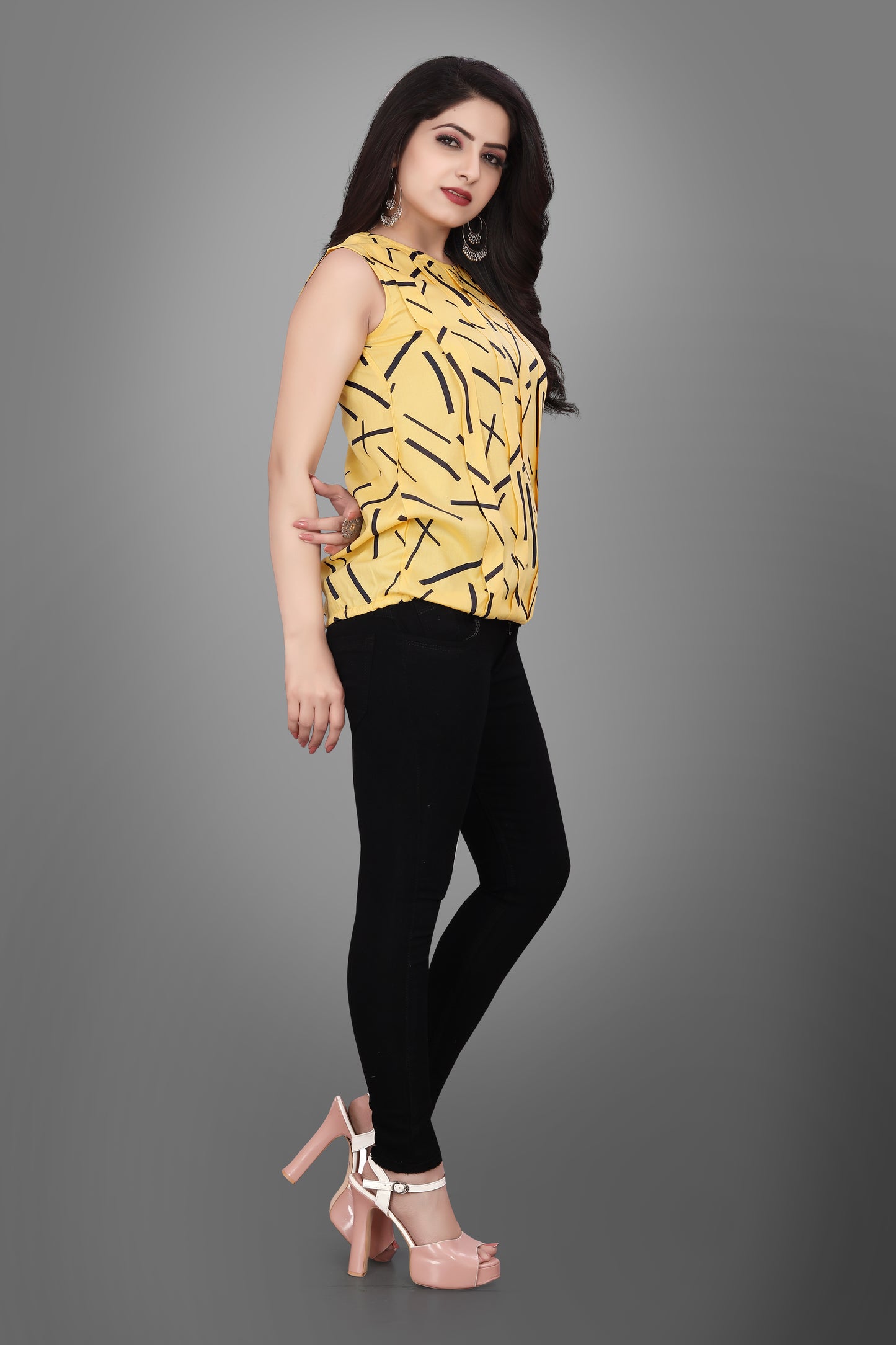 SUR-T Casual Sleeveless Crossover Printed Women Musterd Top