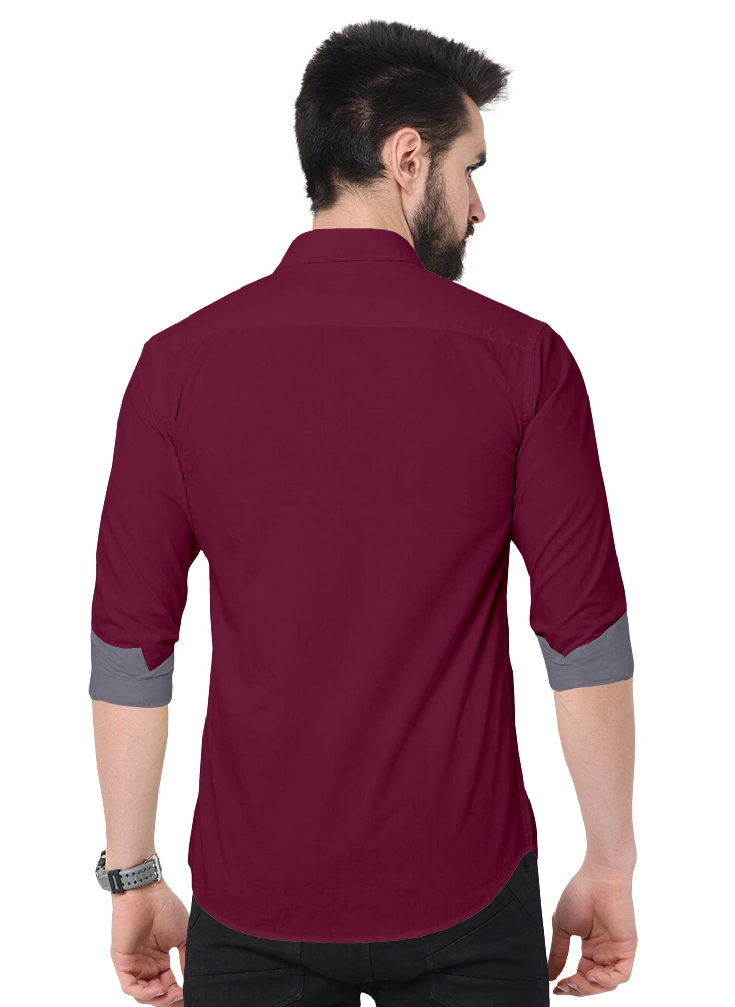 Men's Solid Plain Design Slim Fit Wine Cotton Shirt