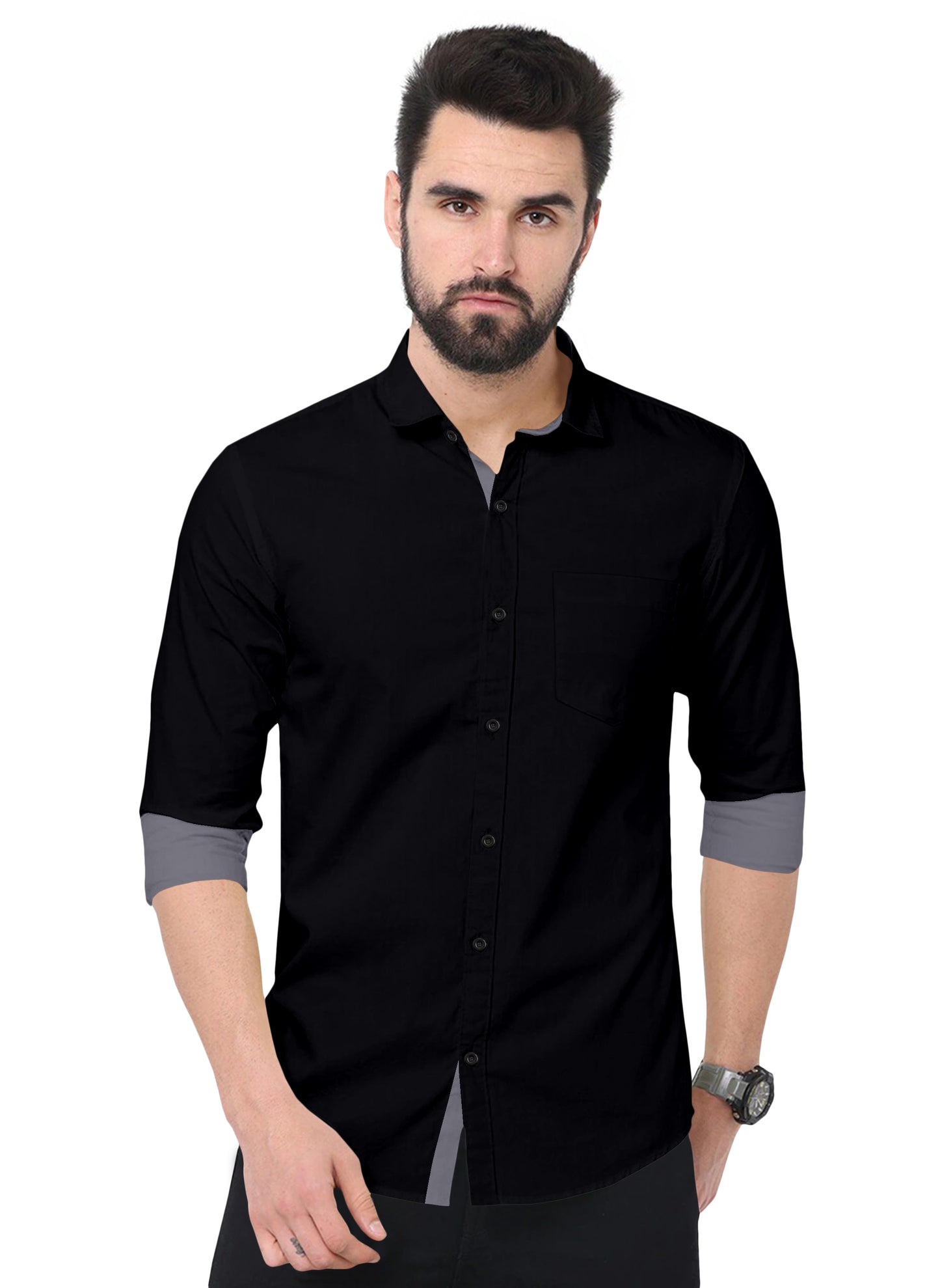 Men's Solid Plain Design Slim Fit Black Cotton Shirt