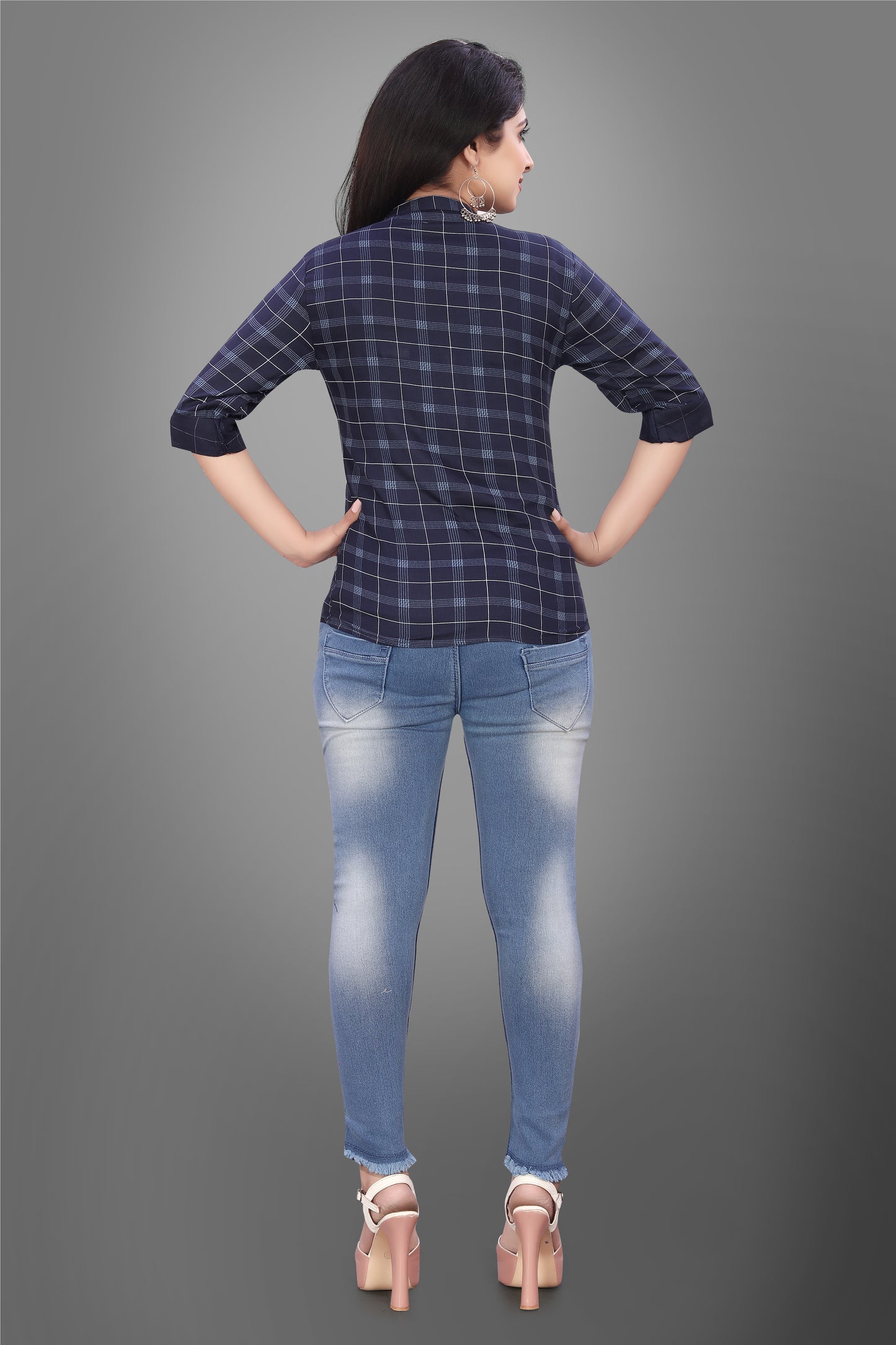 SUR-T Casual Regular Full Sleeve Checkered Women Navy Blue Top