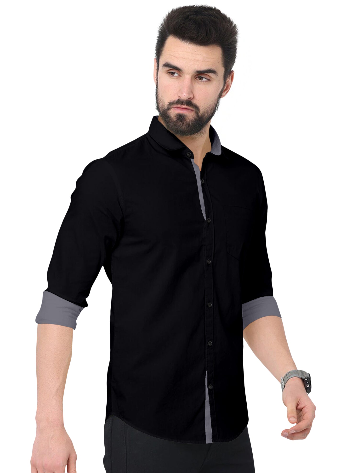 Men's Solid Plain Design Slim Fit Black Cotton Shirt