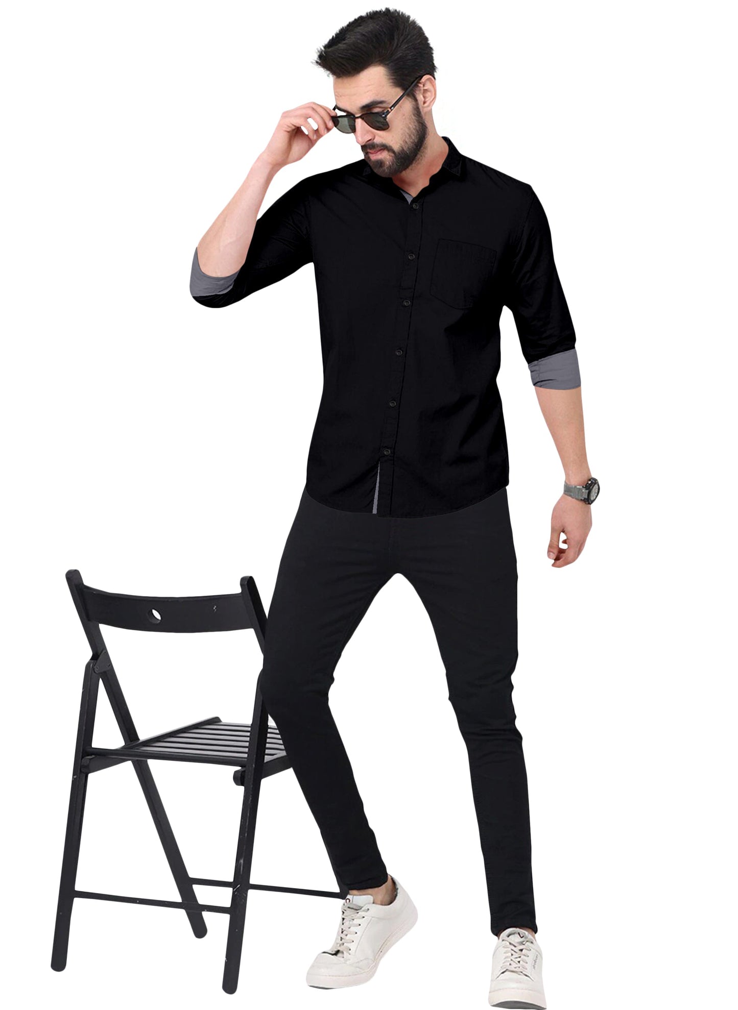 Men's Solid Plain Design Slim Fit Black Cotton Shirt