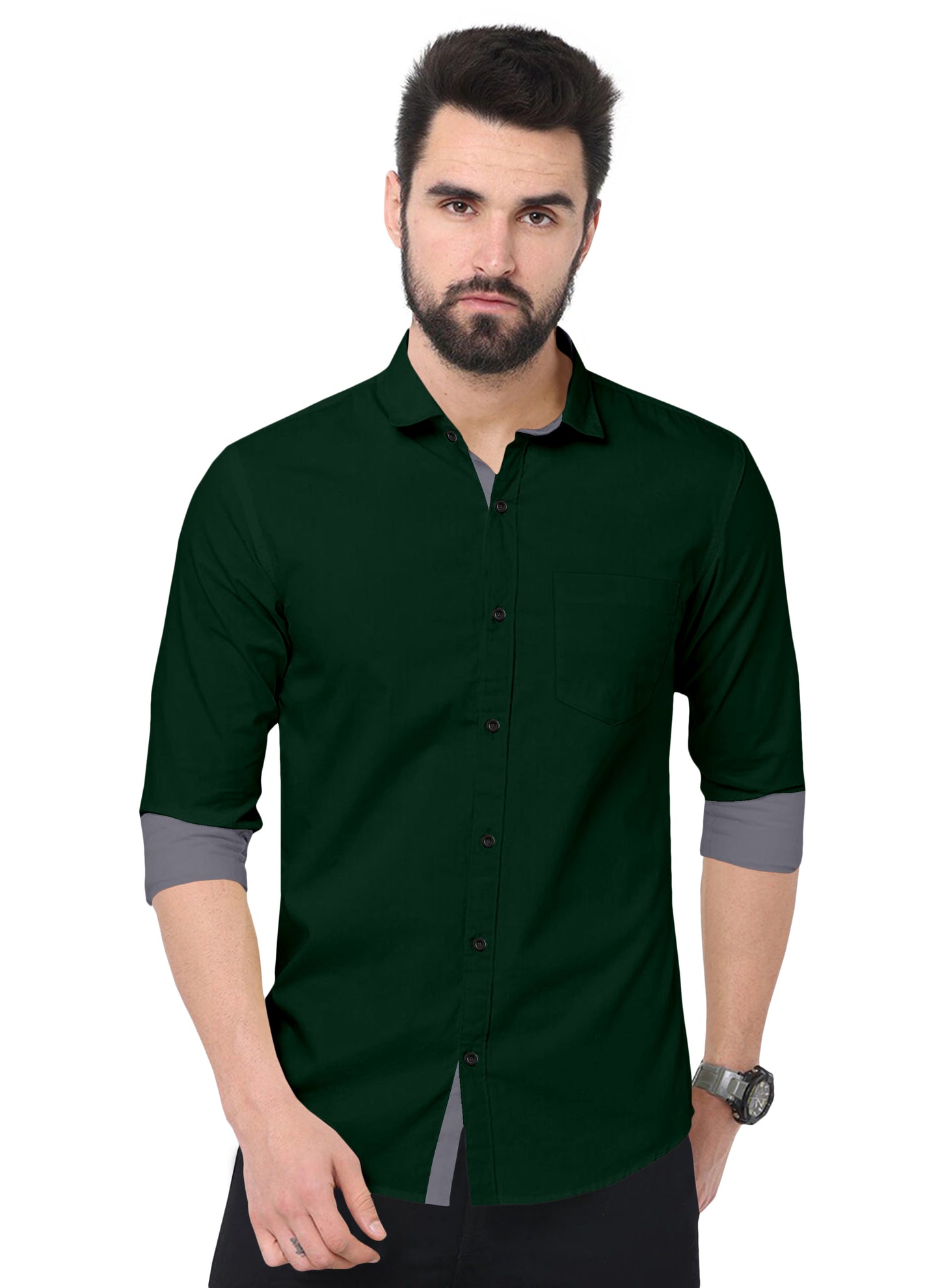 Men's Solid Plain Design Slim Fit Bottle Green Cotton Shirt