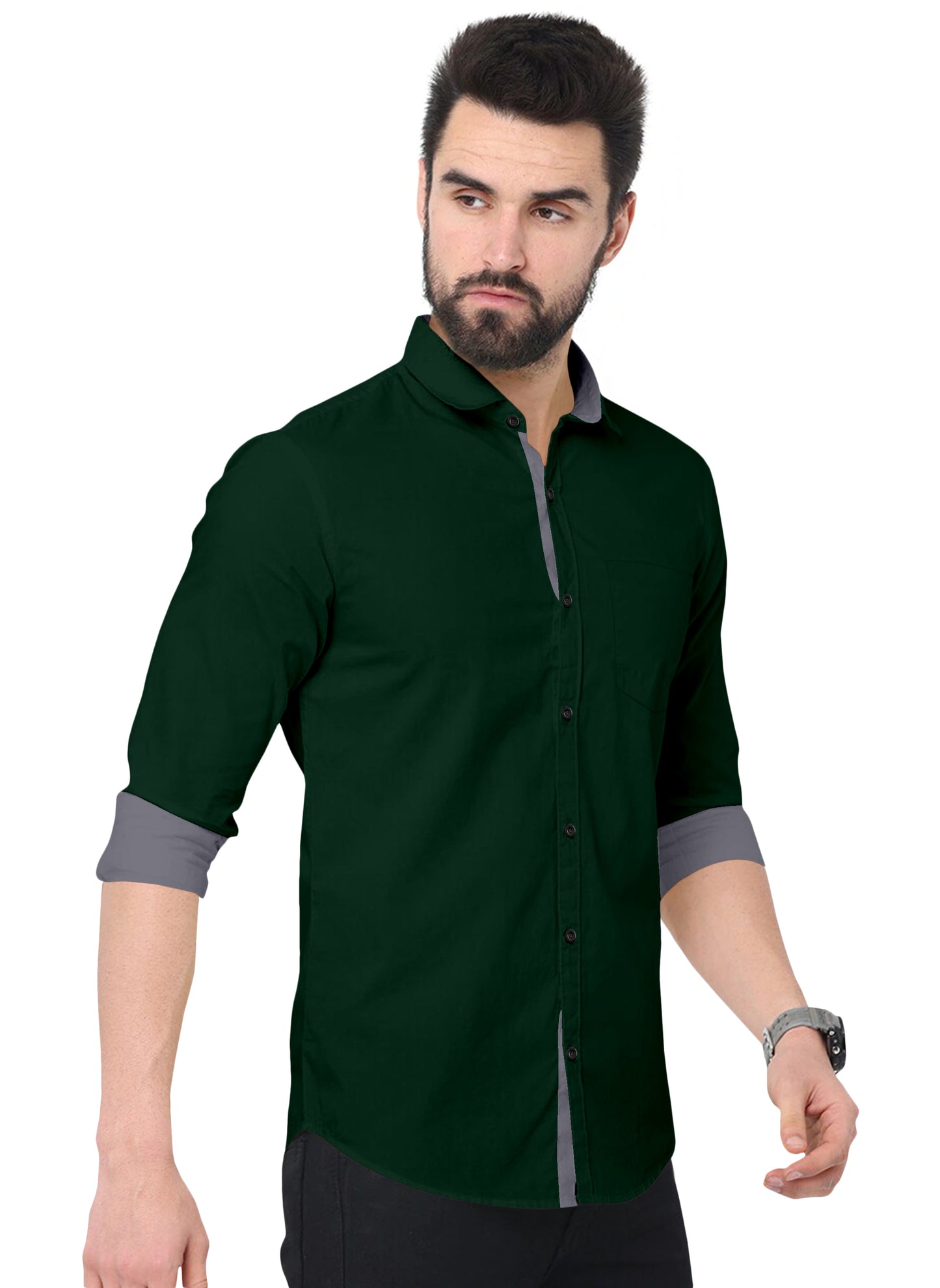 Men's Solid Plain Design Slim Fit Bottle Green Cotton Shirt