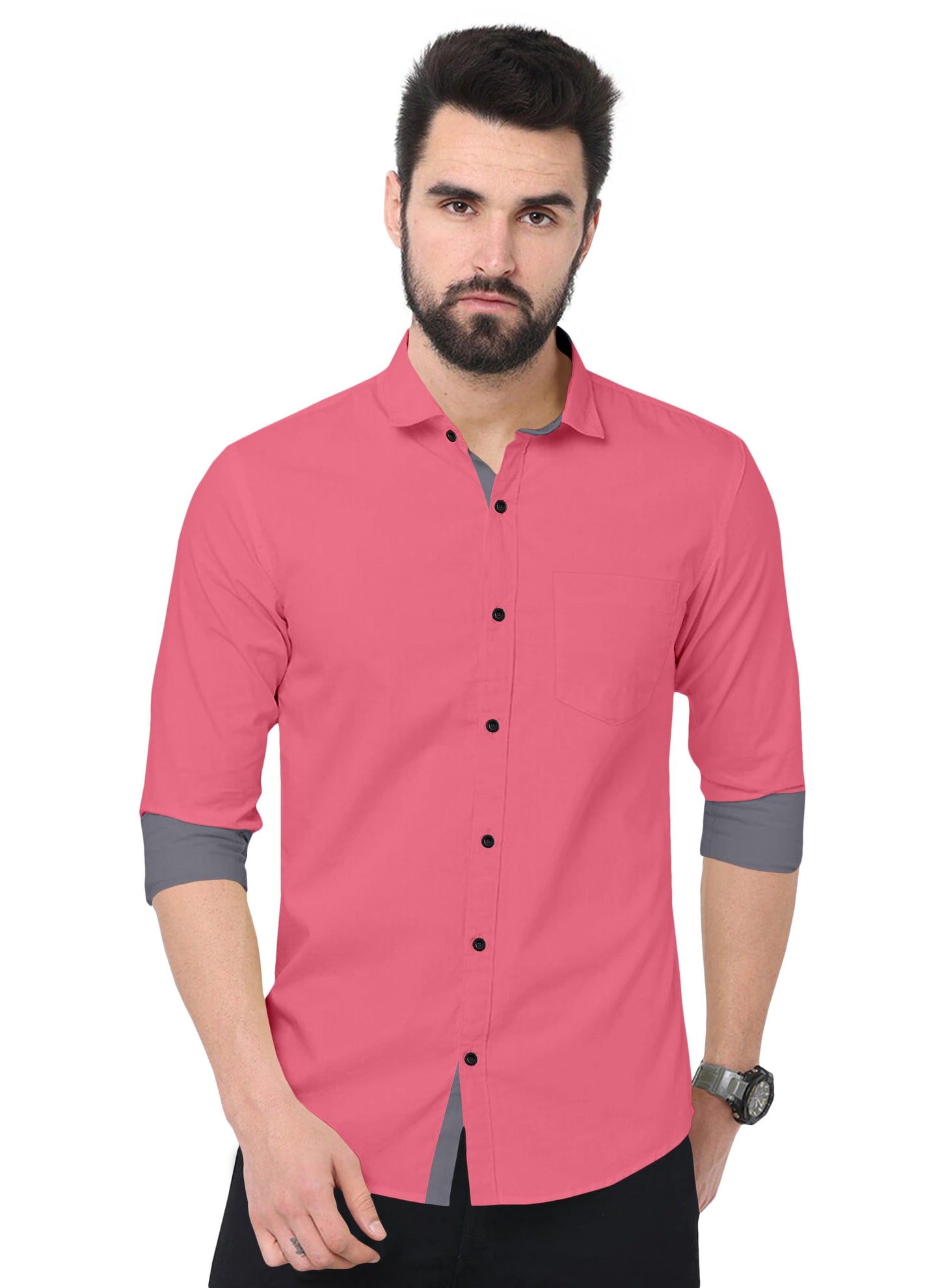 Men's Solid Plain Design Slim Fit Pink Cotton Shirt