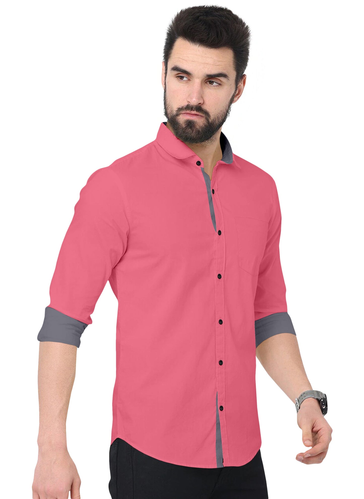 Men's Solid Plain Design Slim Fit Pink Cotton Shirt