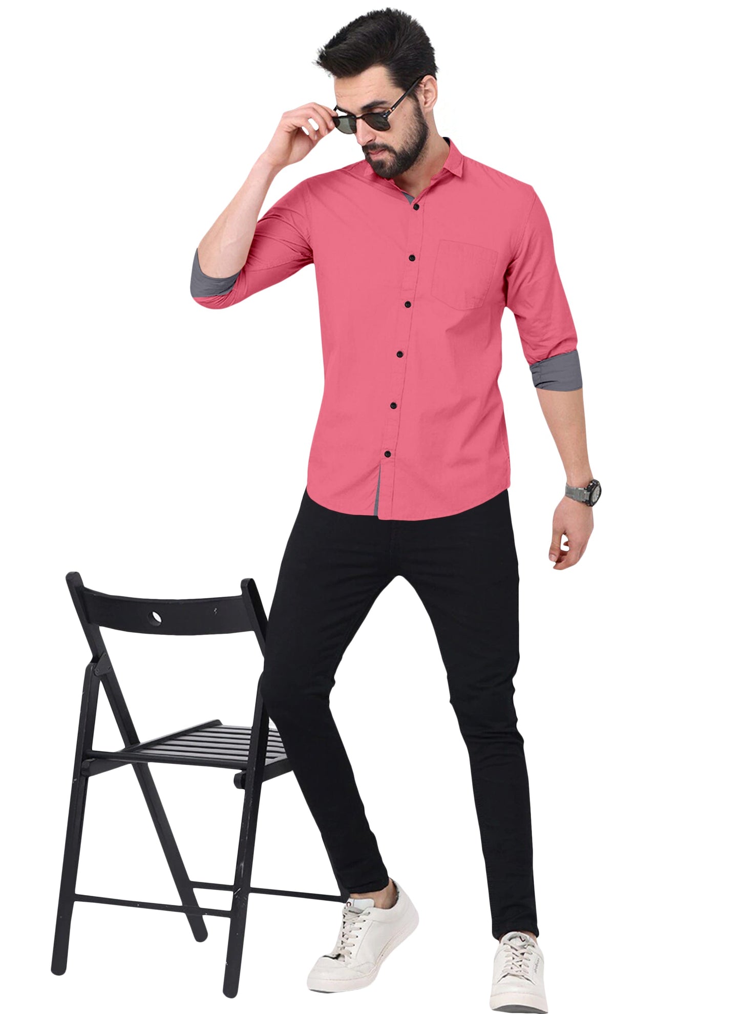 Men's Solid Plain Design Slim Fit Pink Cotton Shirt