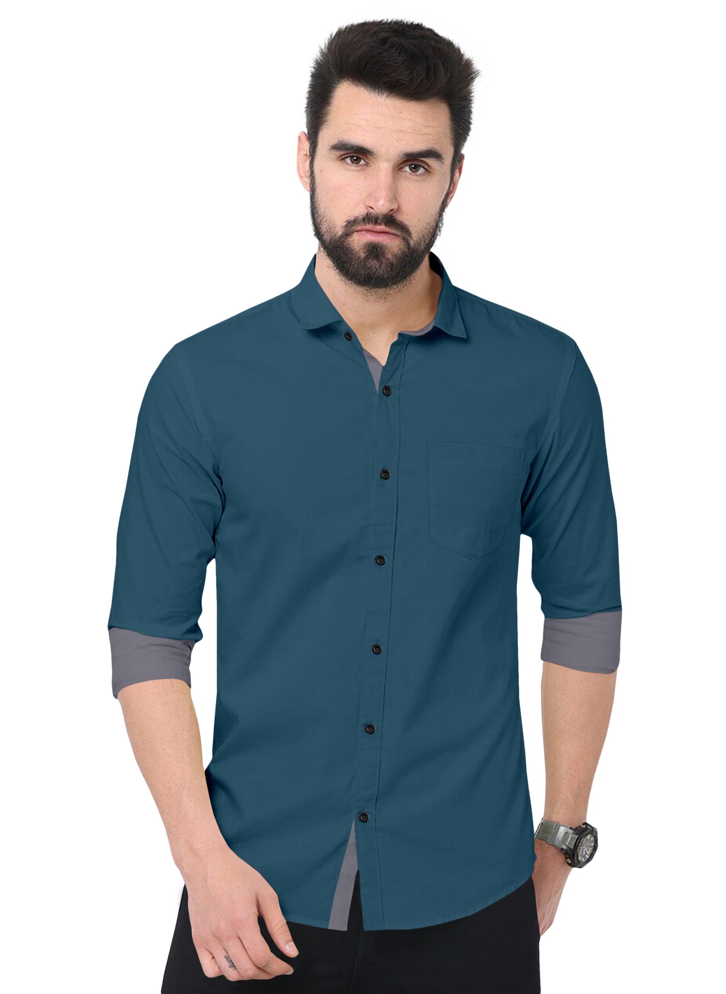 Men's Solid Plain Design Slim Fit Peacock Blue Cotton Shirt