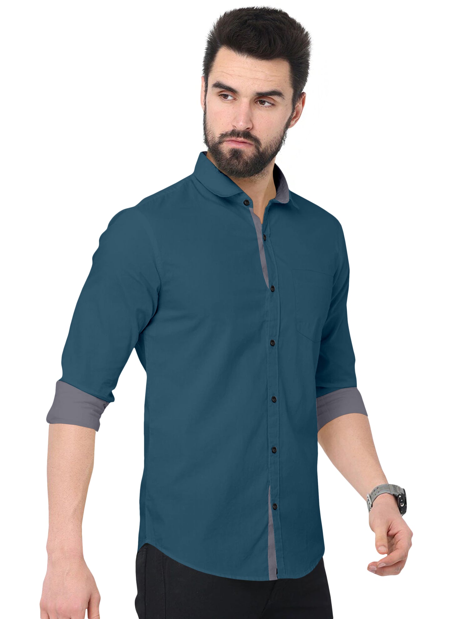 Men's Solid Plain Design Slim Fit Peacock Blue Cotton Shirt