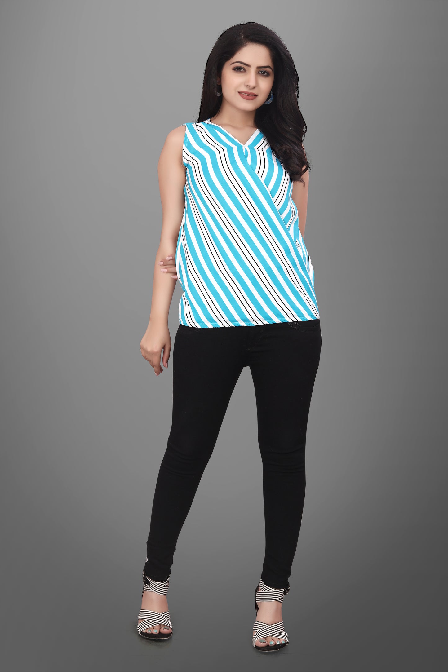 SUR-T Casual Sleeveless Leriya Striped Women Blue Top