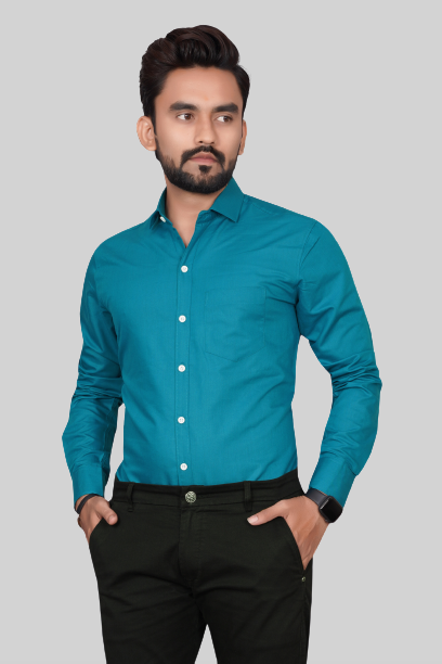 Men's Regular Fit Solid Spread Collar Casual Airforce Blue Shirt