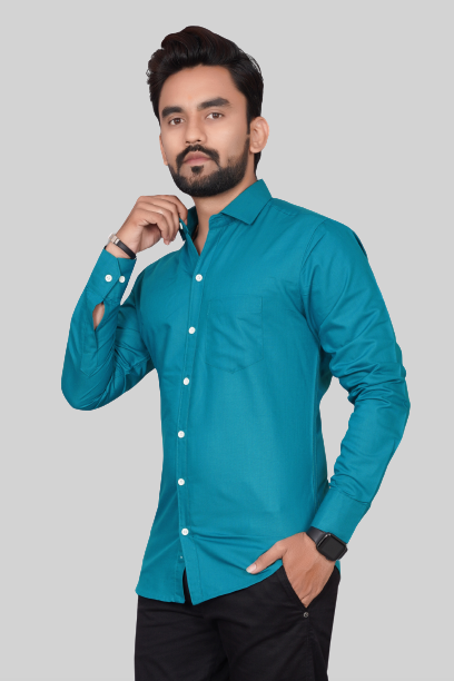 Men's Regular Fit Solid Spread Collar Casual Airforce Blue Shirt