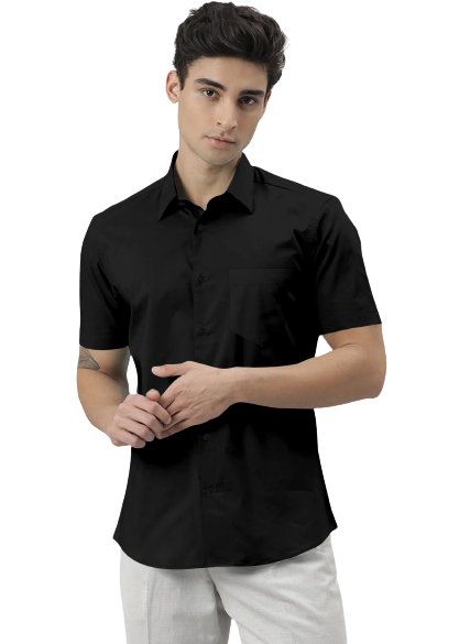 Men's Solid Slim Fit Cotton Half Sleeves Black Shirt