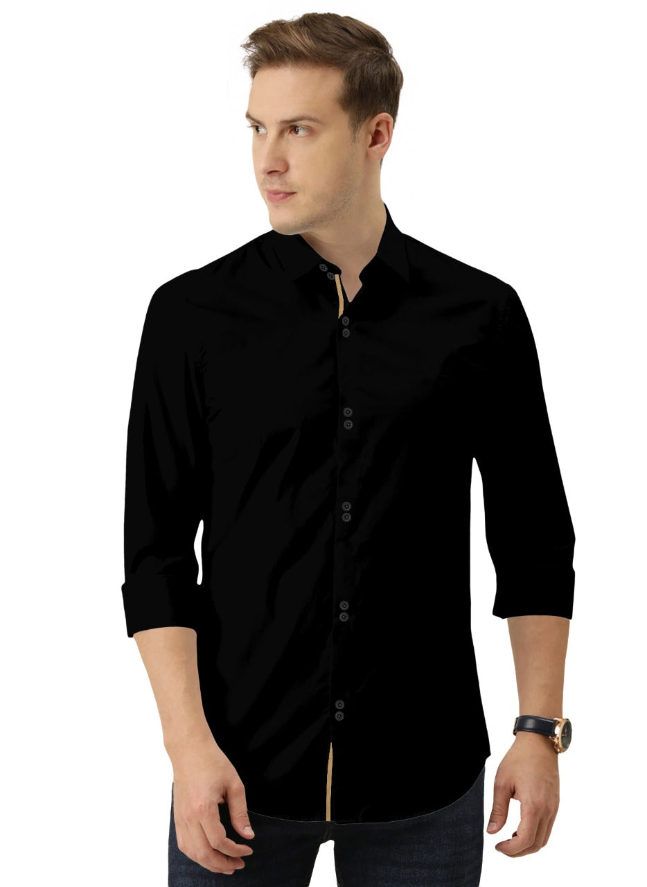 Men's Solid Slim Fit Cotton Double Button Black Shirt