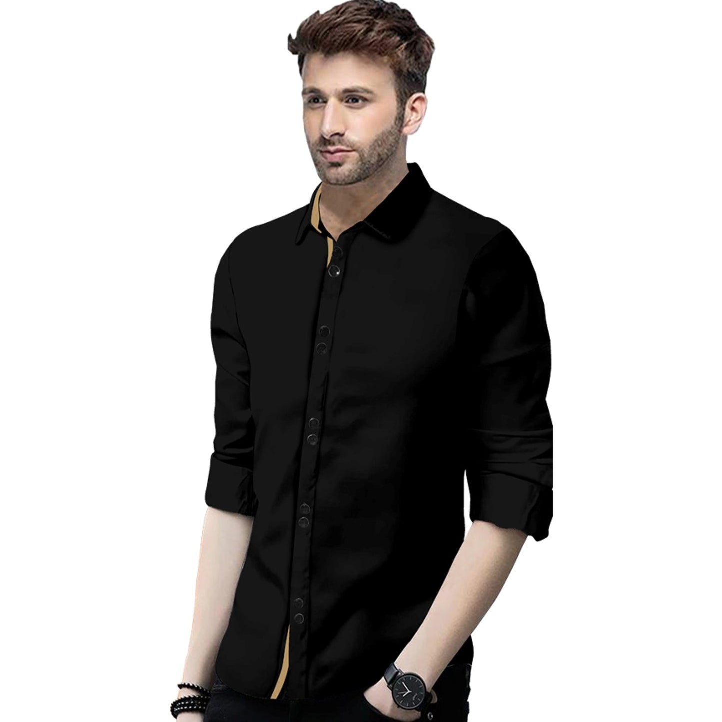 Men's Solid Slim Fit Cotton Double Button Black Shirt