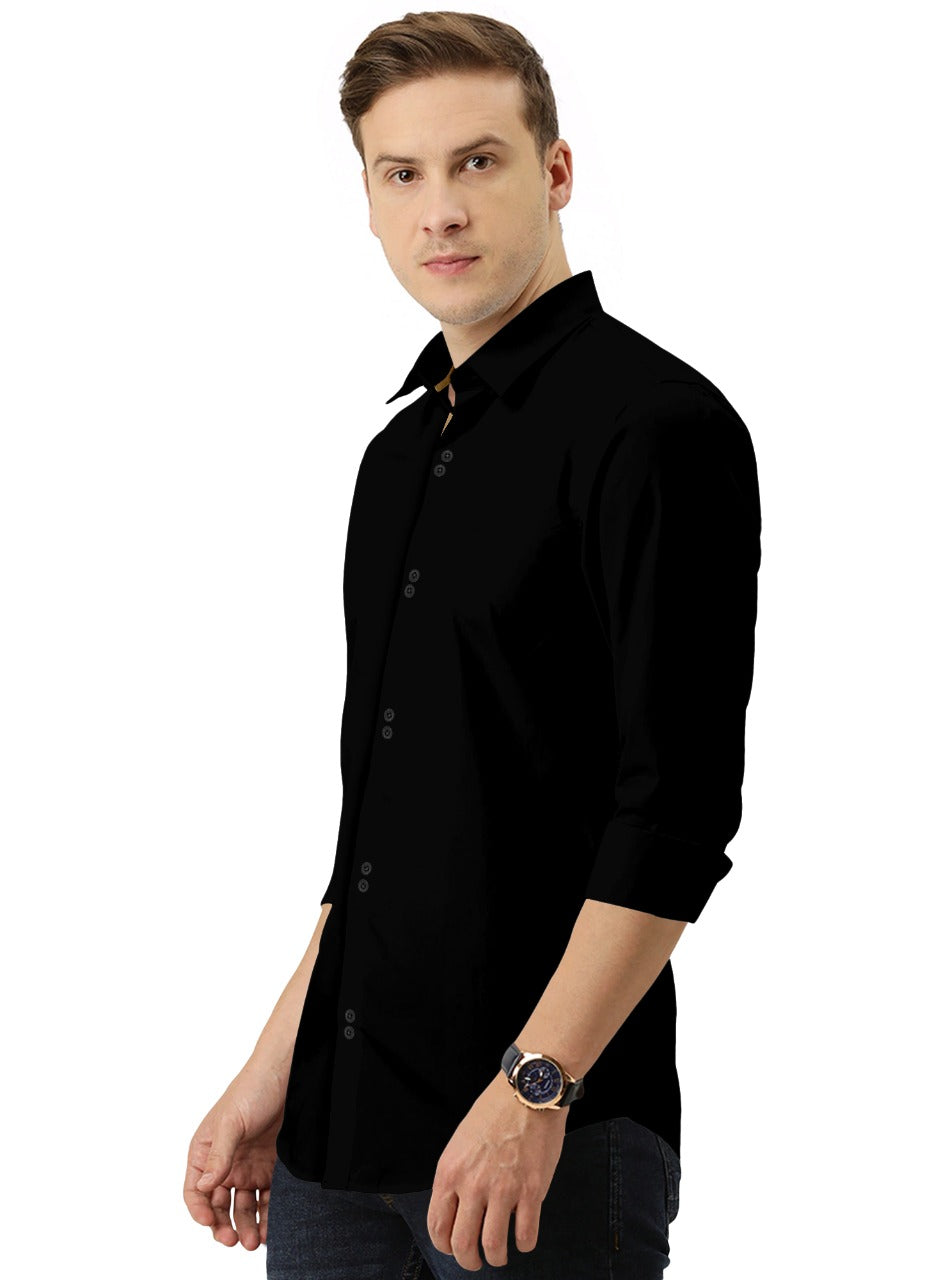 Men's Solid Slim Fit Cotton Double Button Black Shirt