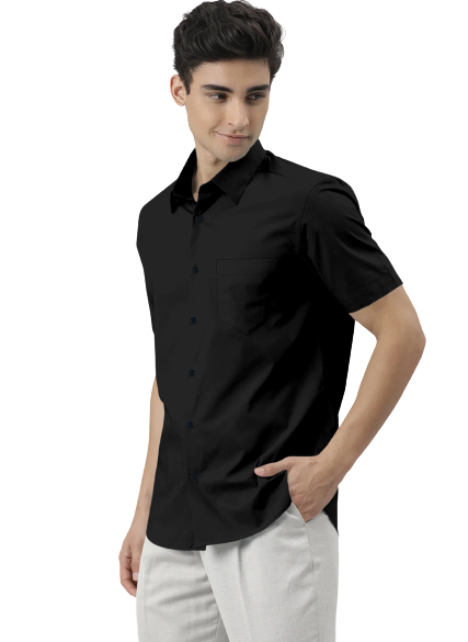 Men's Solid Slim Fit Cotton Half Sleeves Black Shirt