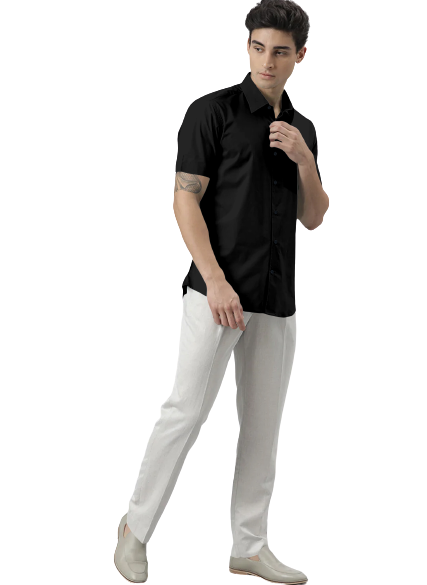 Men's Solid Slim Fit Cotton Half Sleeves Black Shirt