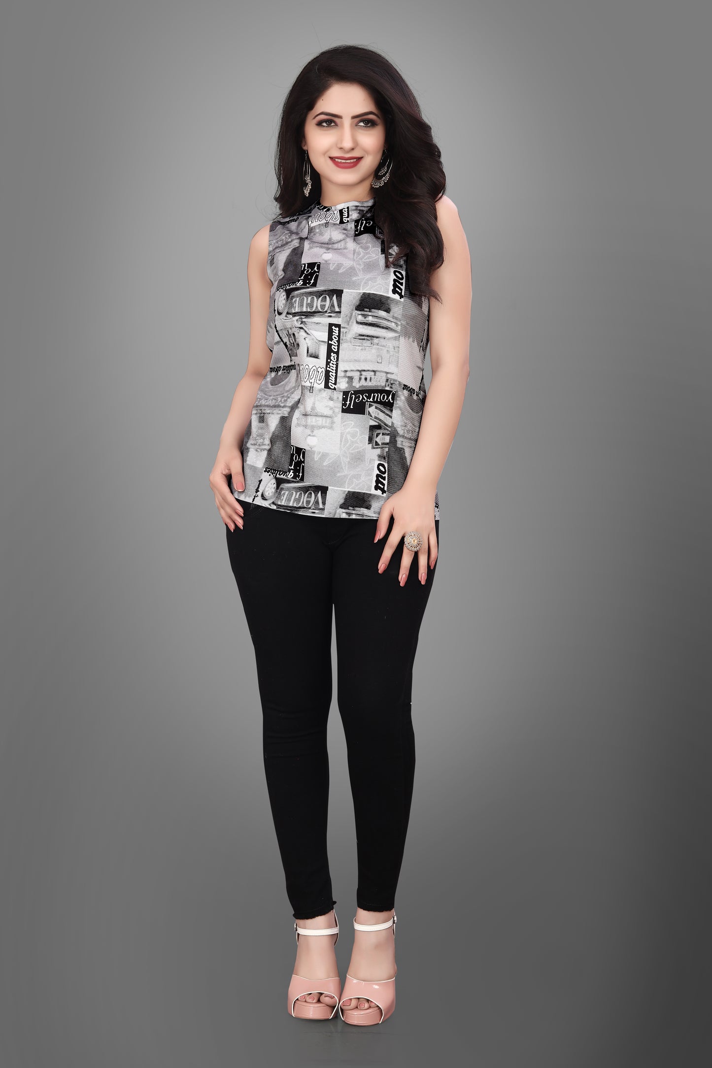 SUR-T Casual Sleeveless Printed Women Black Top