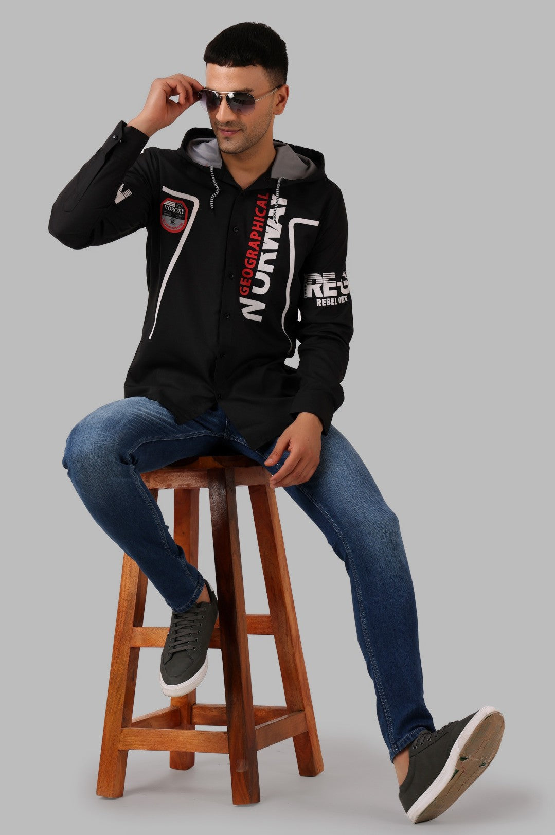 SUR-T Men's Regular Fit Printed Ribbed Collar Casual Black Classic Hoodie Shirt