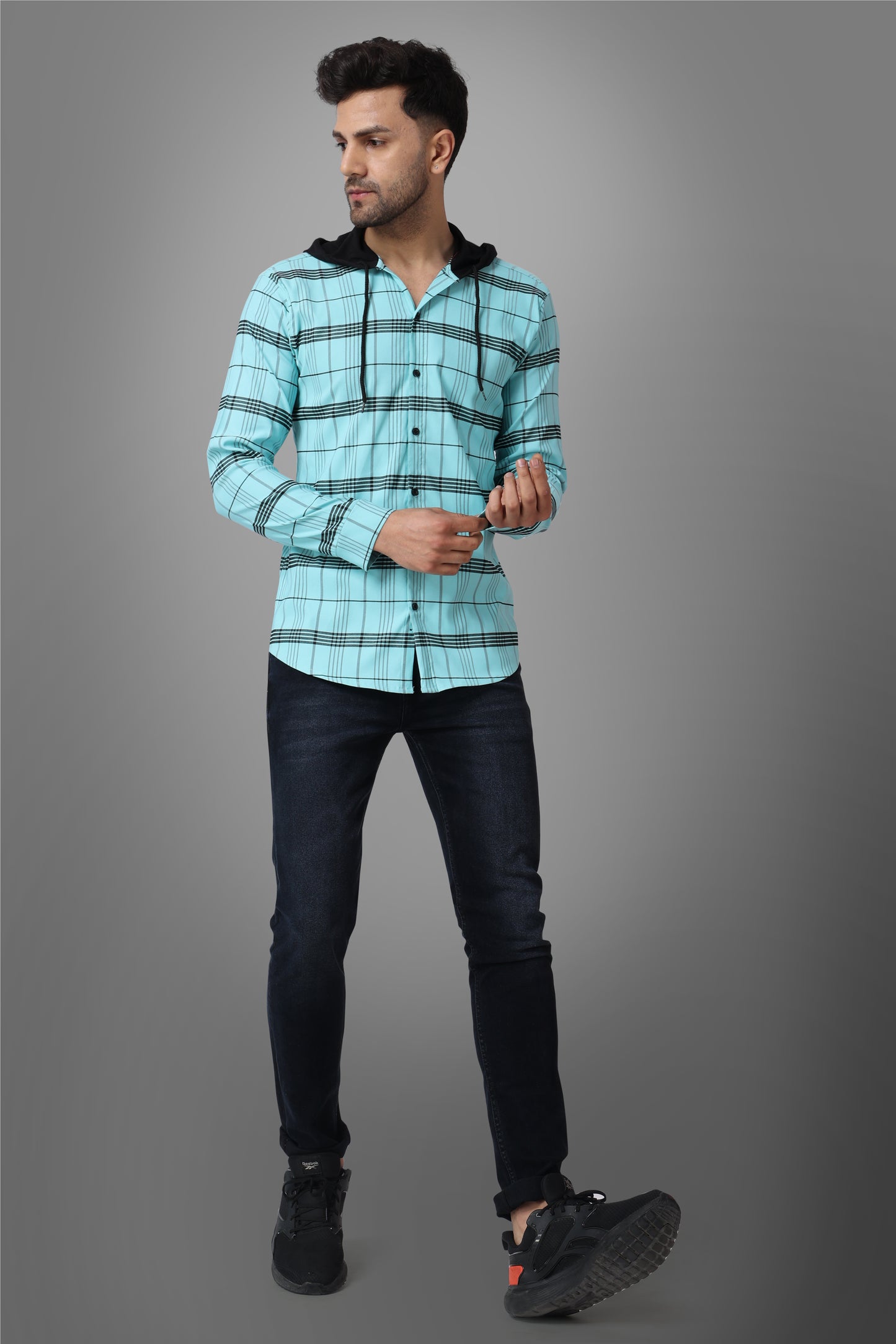 SUR-T Men's Regular Fit Checkered Hood Collar Casual Light Blue Classic Hoodie Shirt