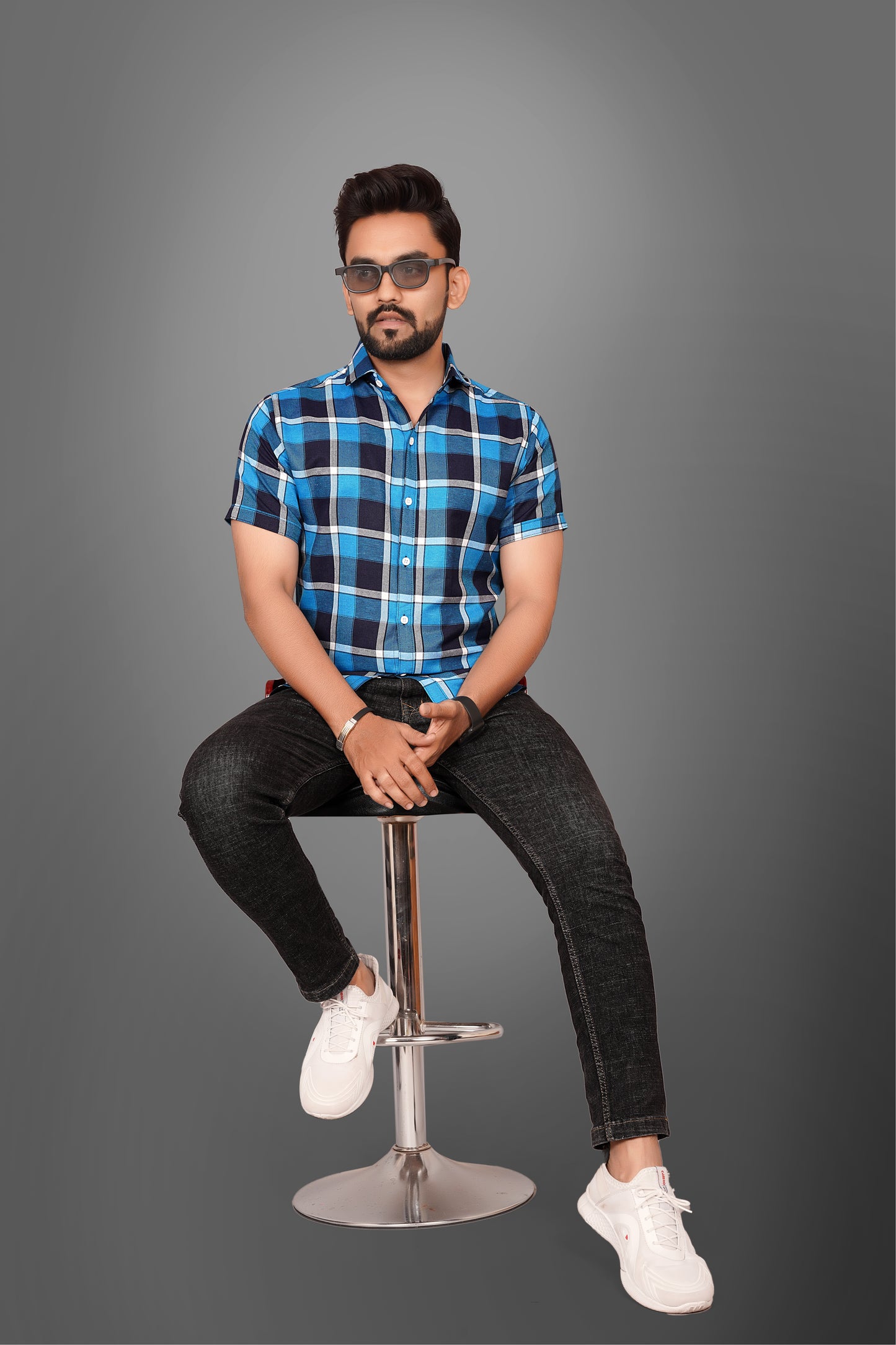 SUR-T Men's Regular Fit Printed Spread Collar Casual Blue Shirt