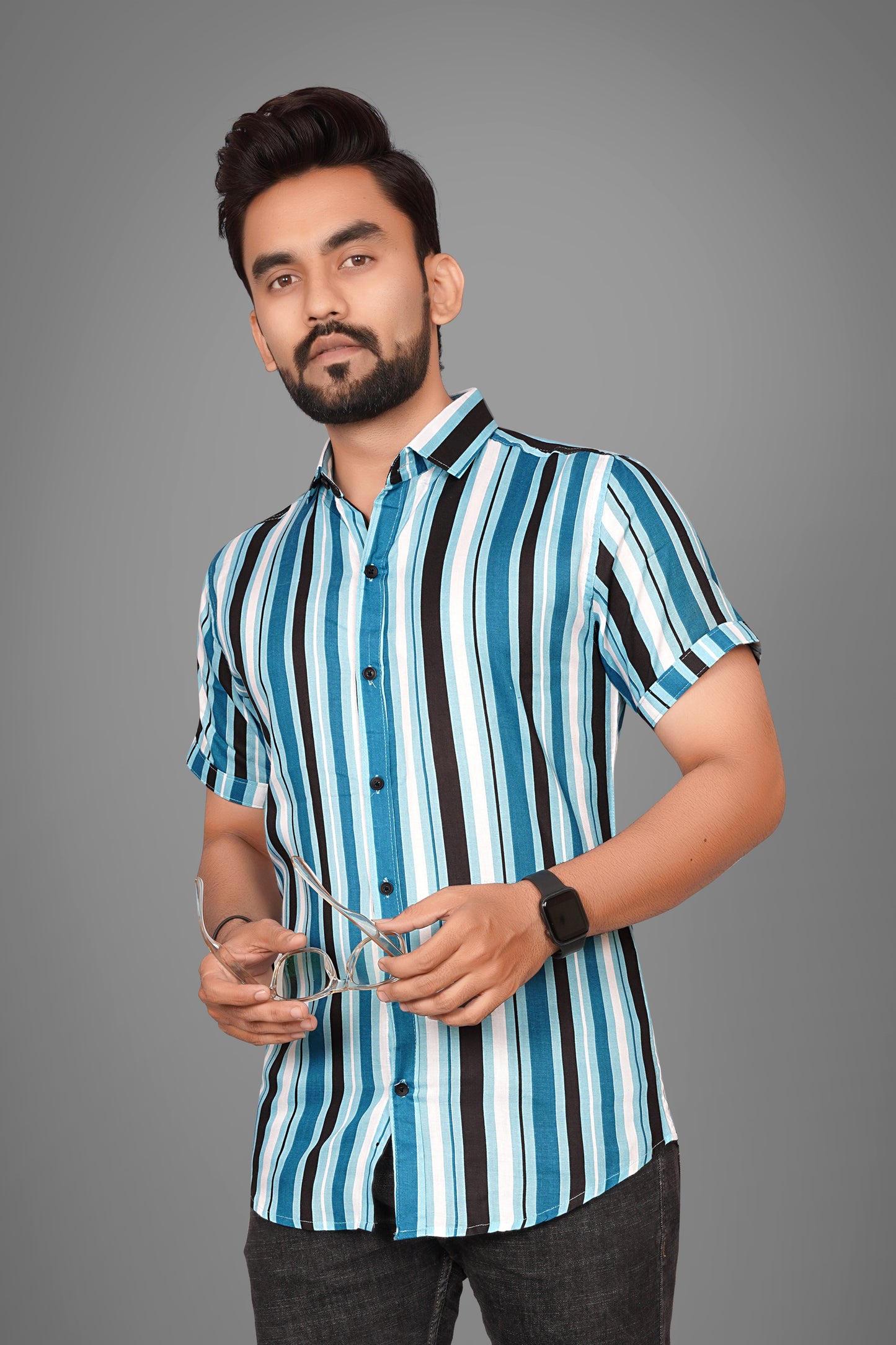 SUR-T Men Regular Fit Striped Spread Collar Casual Blue Shirt