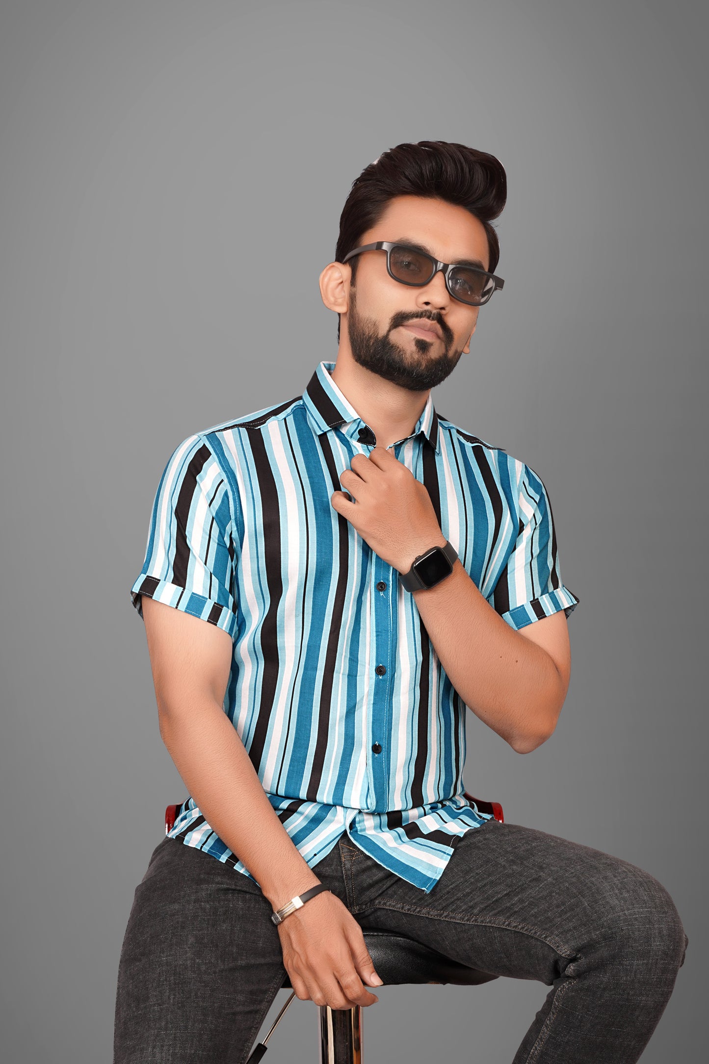 SUR-T Men Regular Fit Striped Spread Collar Casual Blue Shirt