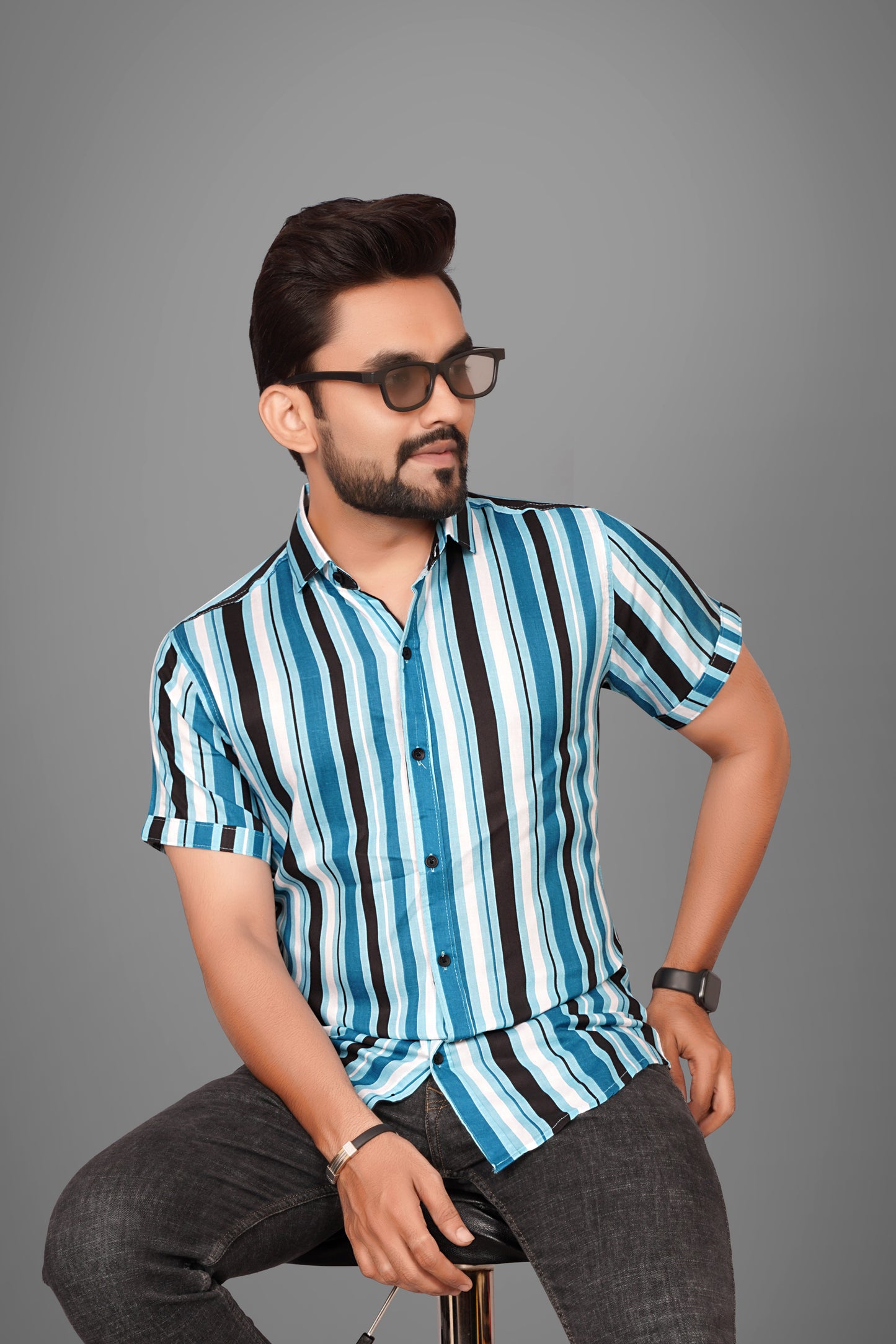 SUR-T Men Regular Fit Striped Spread Collar Casual Blue Shirt