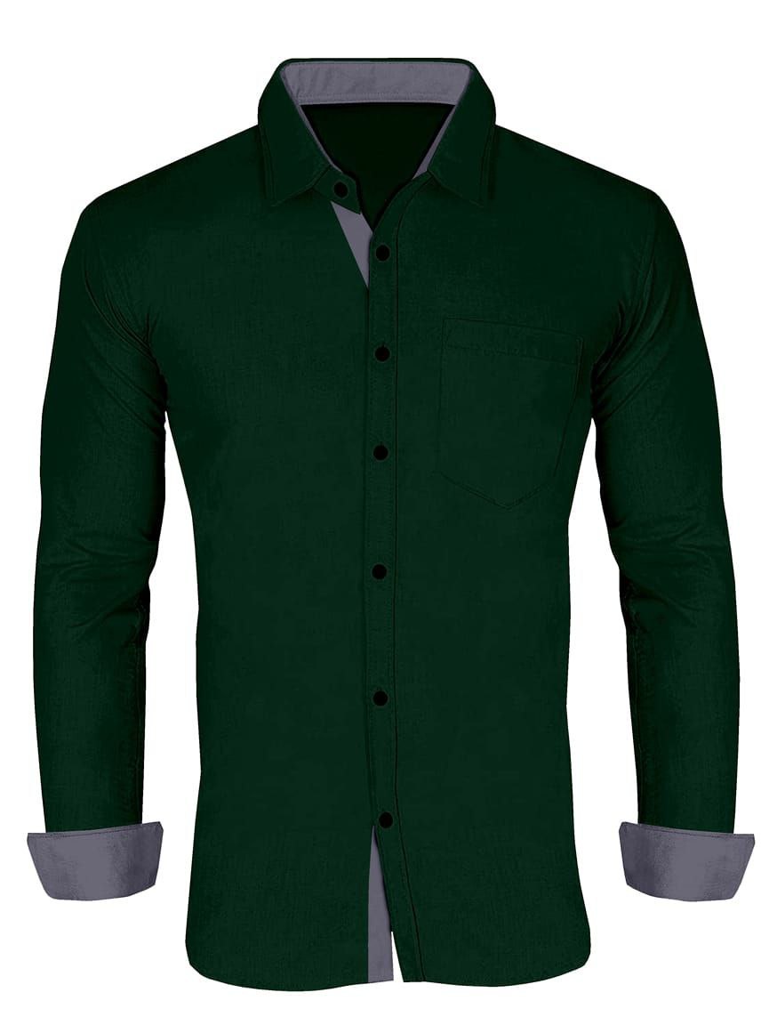 Men's Solid Plain Design Slim Fit Bottle Green Cotton Shirt
