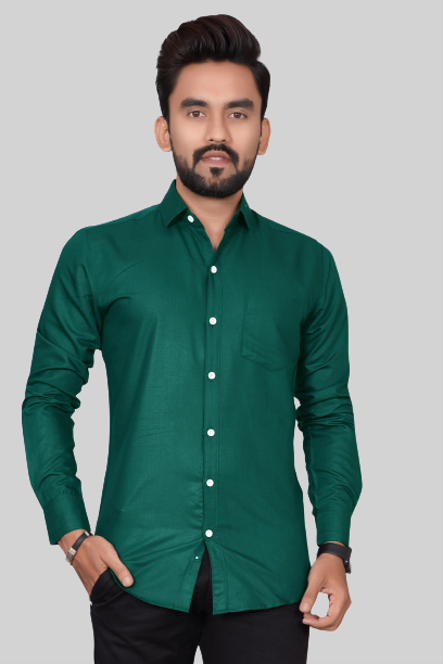Men's Regular Fit Solid Spread Collar Casual Bottle Green Shirt