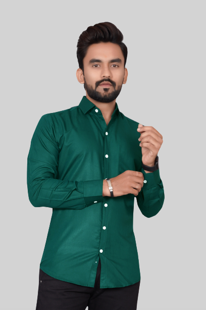 Men's Regular Fit Solid Spread Collar Casual Bottle Green Shirt