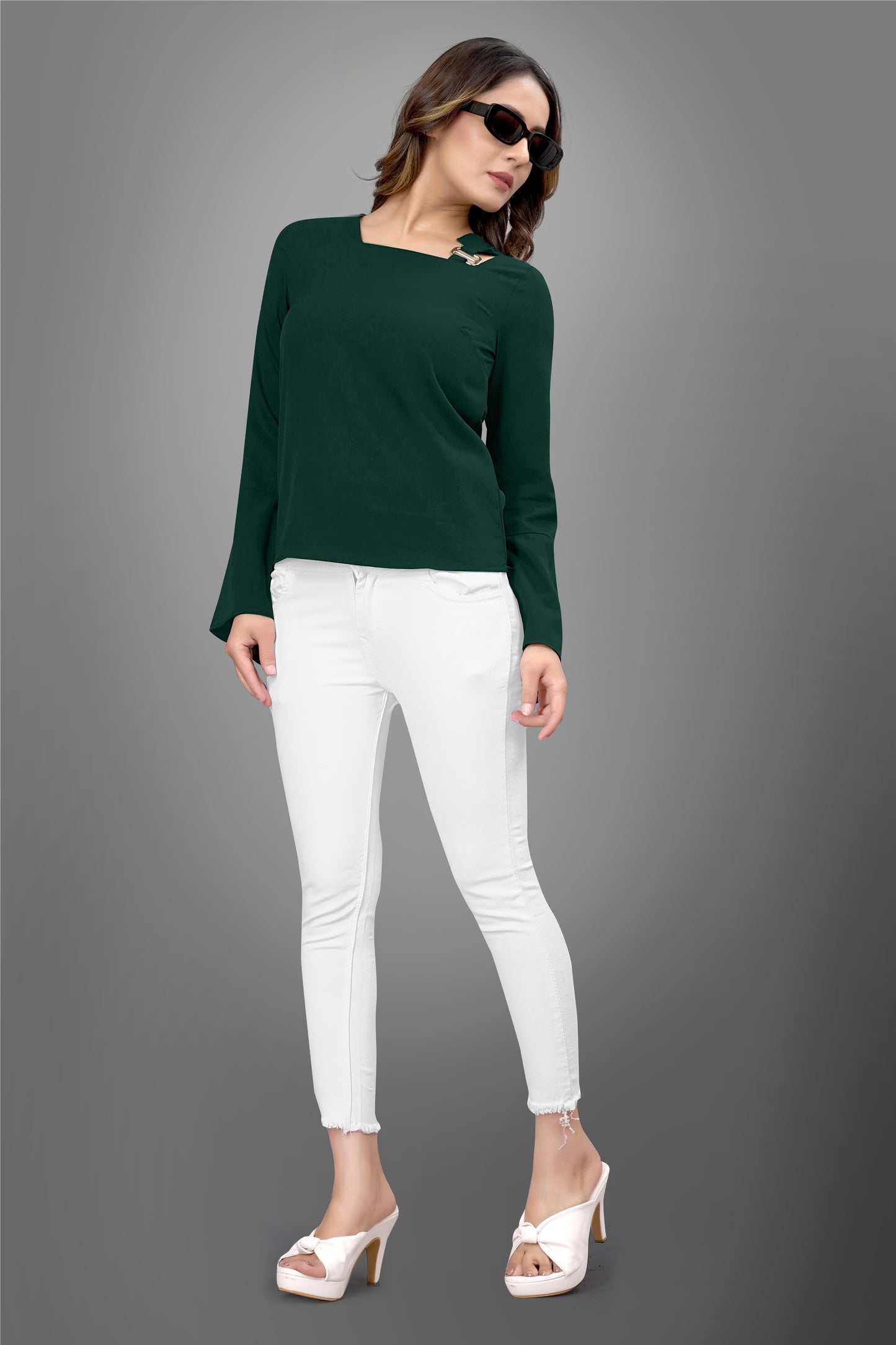 SUR-T Regular Sleeves Solid Velvet Women Dark Green Top