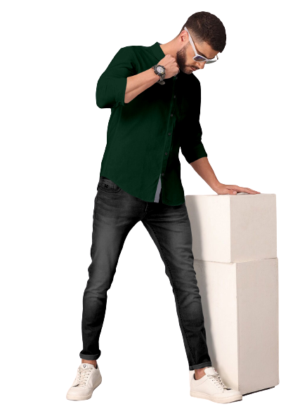 Men's Solid Plain Design Slim Fit Bottle Green Cotton Shirt