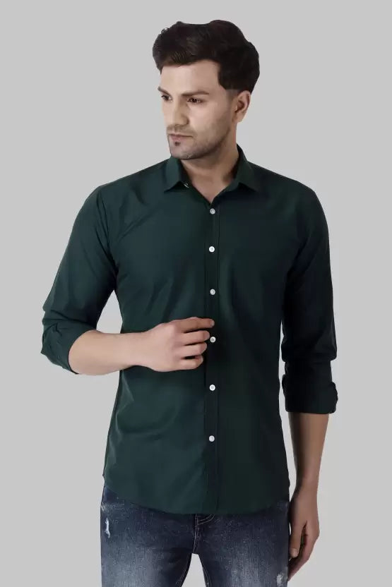 Men's Regular Fit Solid Spread Collar Casual Bottle Green Shirt