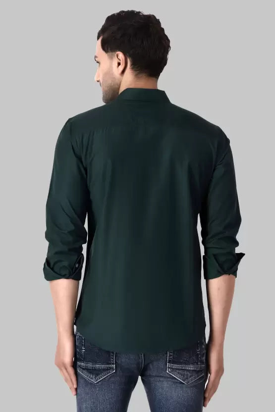 Men's Regular Fit Solid Spread Collar Casual Bottle Green Shirt
