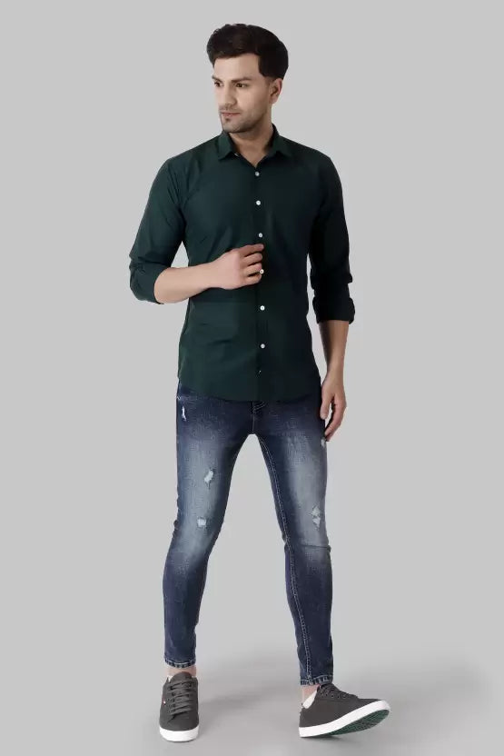 Men's Regular Fit Solid Spread Collar Casual Bottle Green Shirt