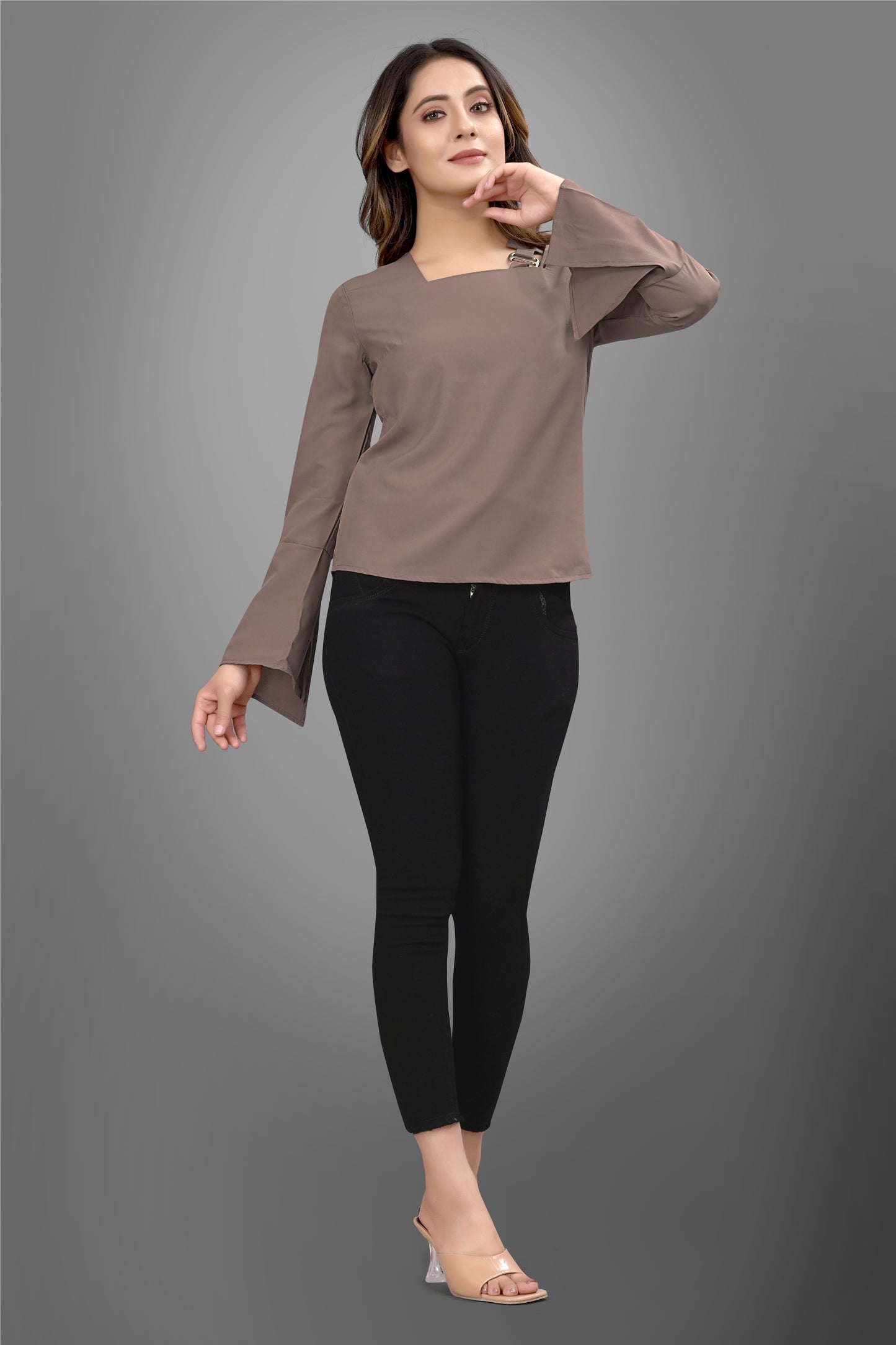 SUR-T Regular Sleeves Solid Velvet Women Cofee Top