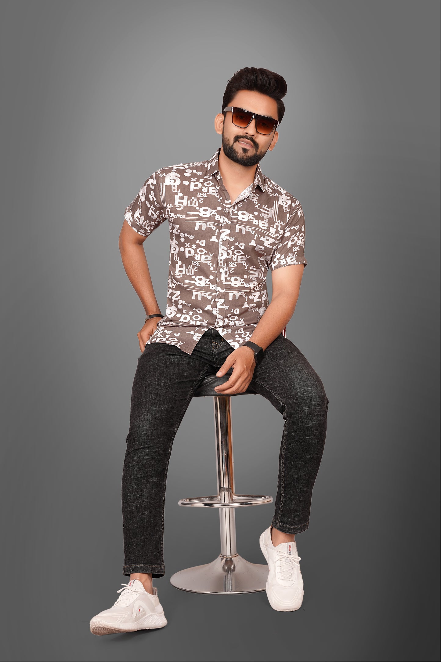 SUR-T Men's Regular Fit Printed Spread Collar Casual Coffee Shirt