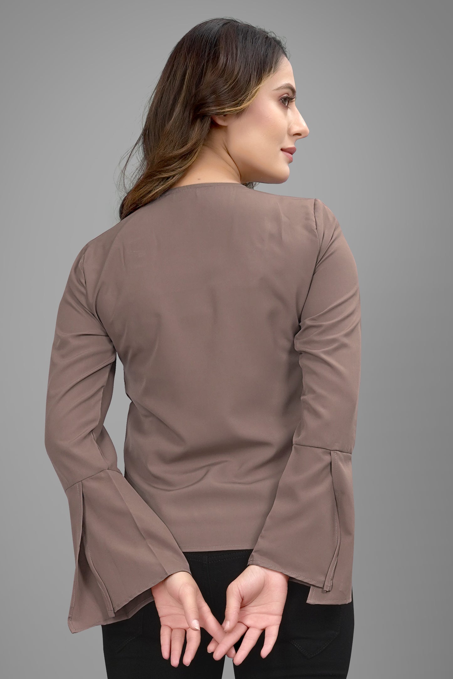 SUR-T Regular Sleeves Solid Velvet Women Cofee Top