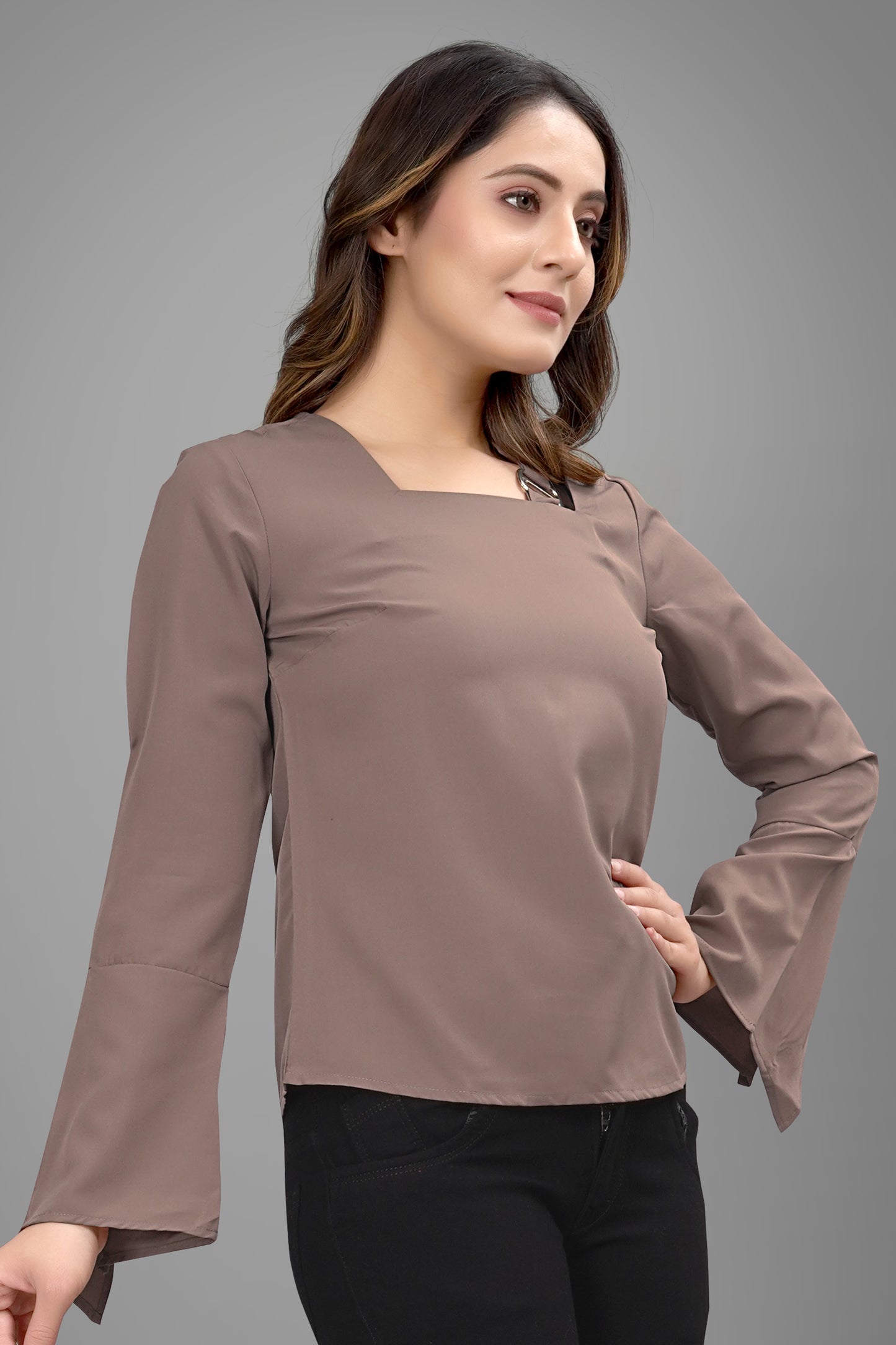SUR-T Regular Sleeves Solid Velvet Women Cofee Top
