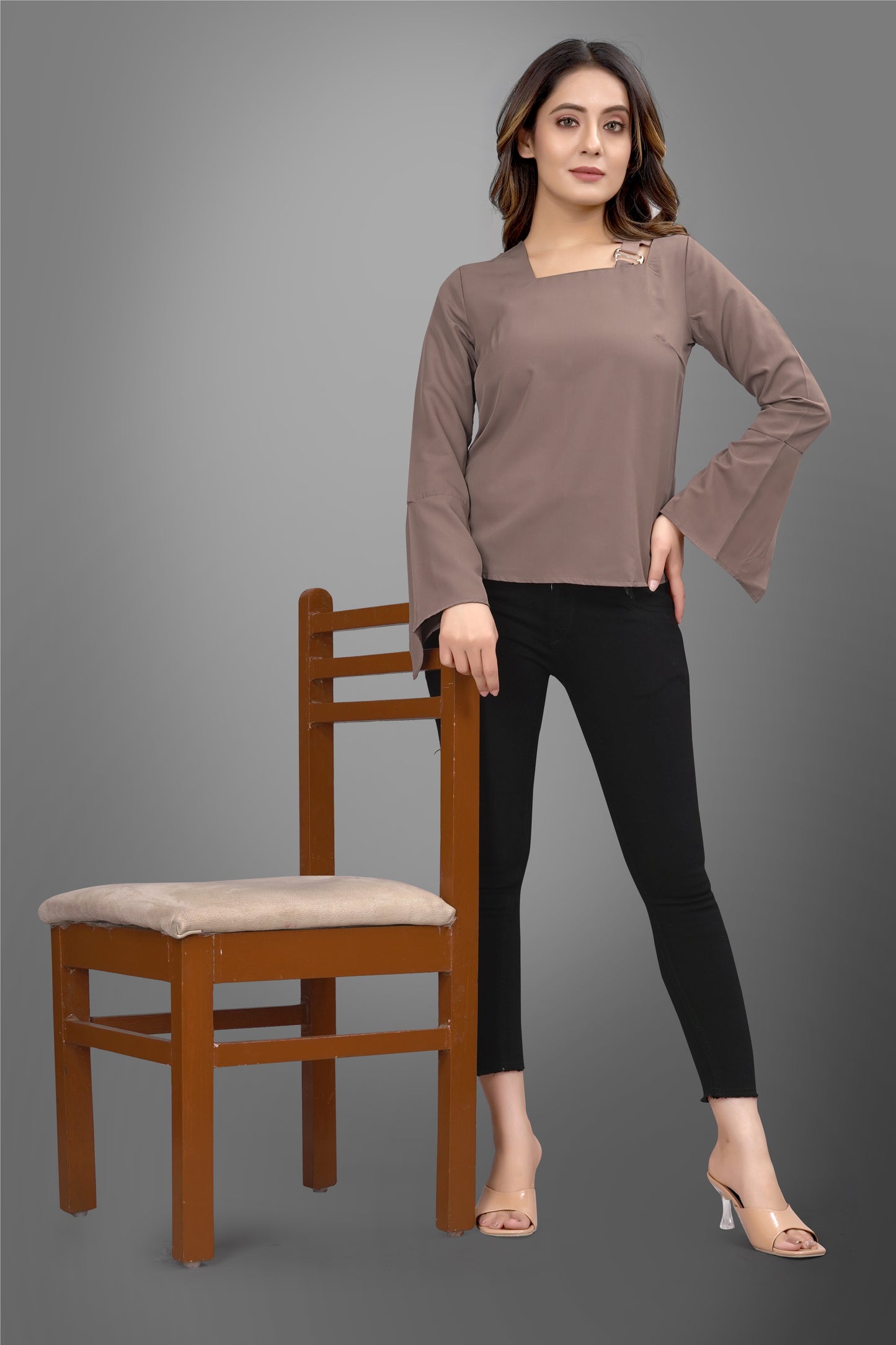 SUR-T Regular Sleeves Solid Velvet Women Cofee Top