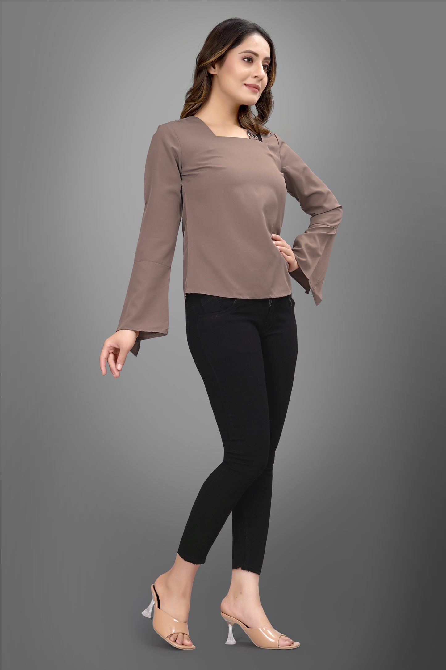 SUR-T Regular Sleeves Solid Velvet Women Cofee Top
