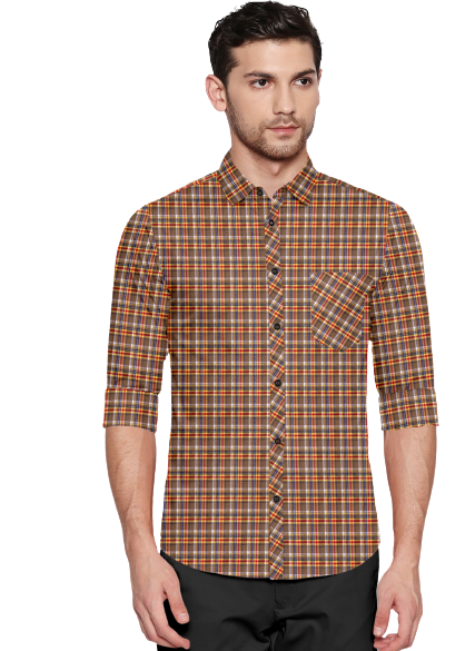 Men's Checkers Slim Fit Brown Cotton Shirt