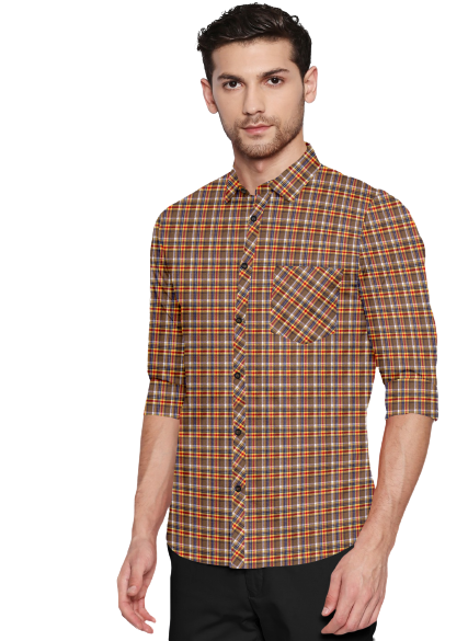 Men's Checkers Slim Fit Brown Cotton Shirt