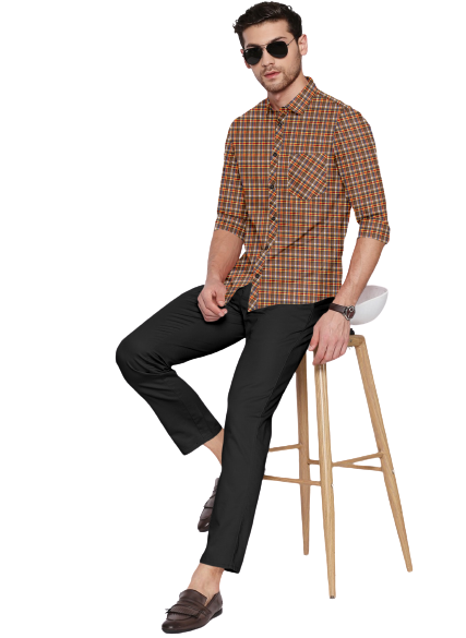 Men's Checkers Slim Fit Brown Cotton Shirt