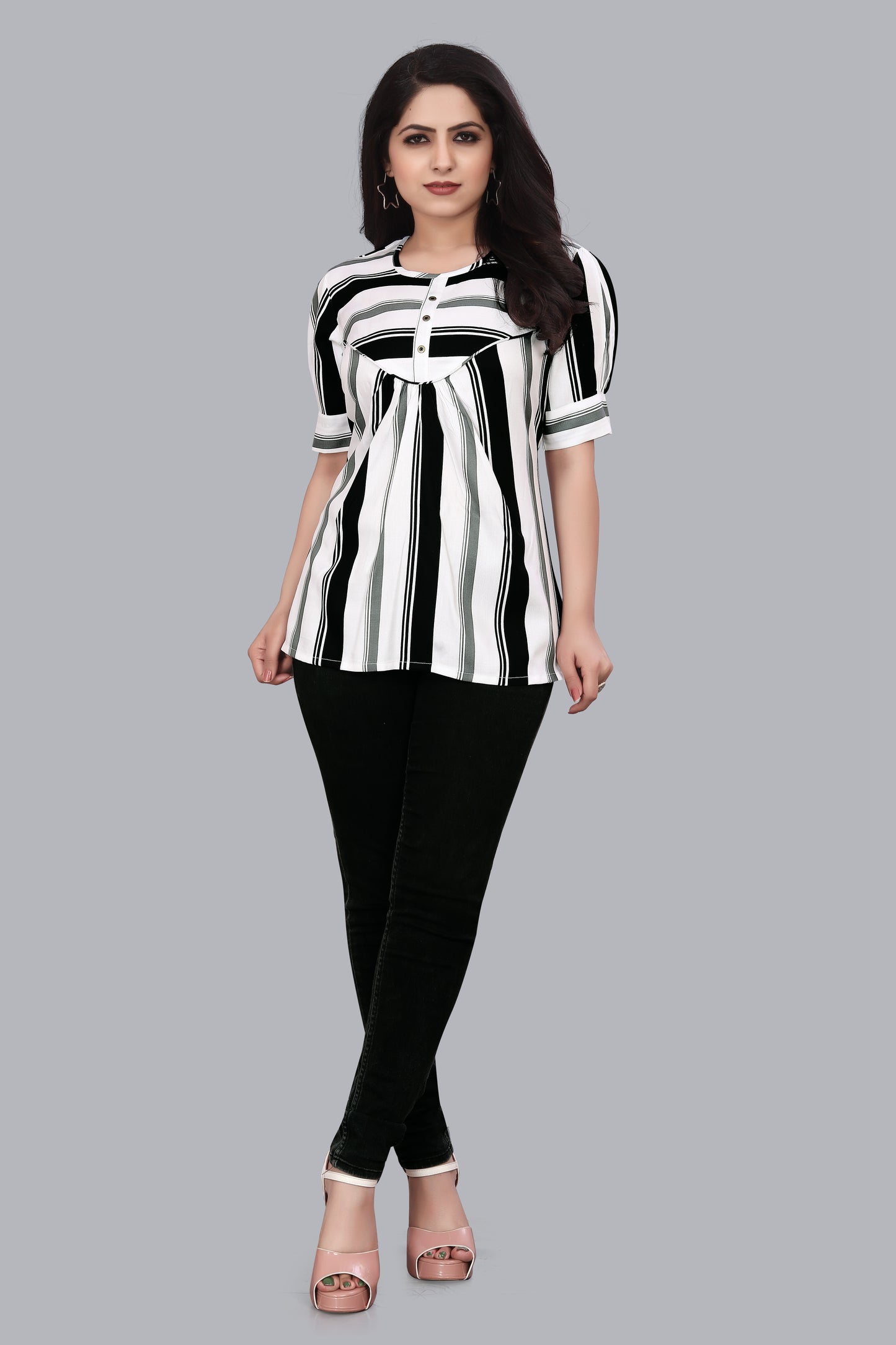 SUR-T Casual Regular Sleeves Striped Women Cream Top