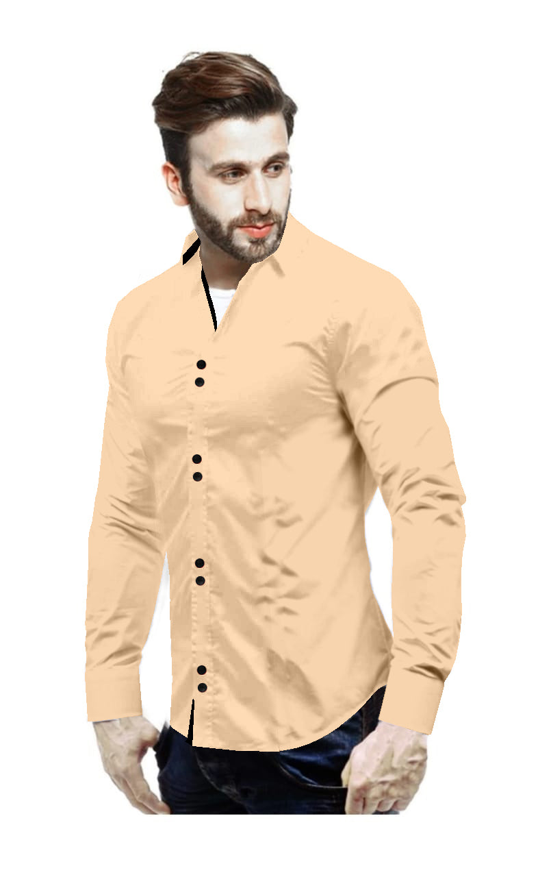 Men's Solid Slim Fit Cotton Double Button Beige Shirt