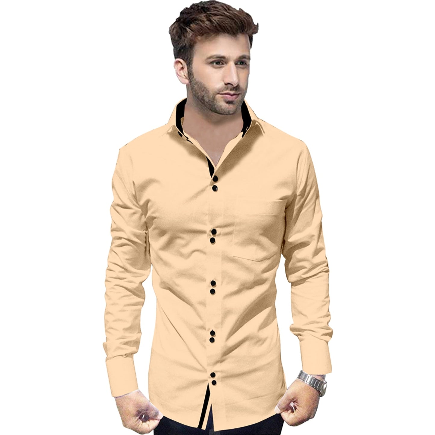Men's Solid Slim Fit Cotton Double Button Beige Shirt